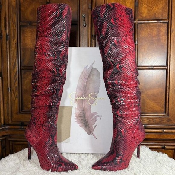 Jessica Simpson Loury Wicked Red Nuevo Stretch Python Textured Faux Leather Boot - Picture 2 of 15